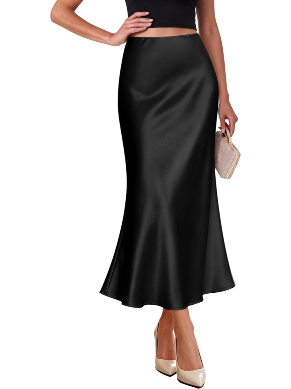 Women's Black Elegant Satin High Waist Silk Bias Cut Slip Pull On Midi Skirt